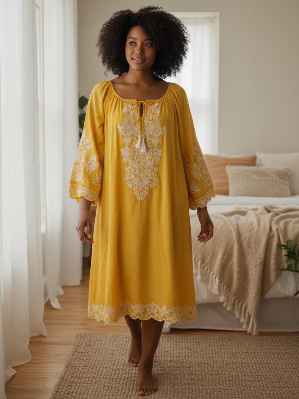 C.C. Yellow Boho Embroidered Cotton Rayon Dress 3X Vacation Resort